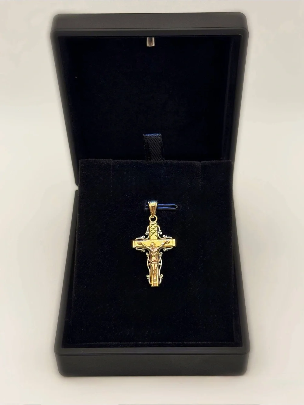 14k Solid Yellow Rose White Gold Three Tone Cross Diamond Cut Religious Charm Pe